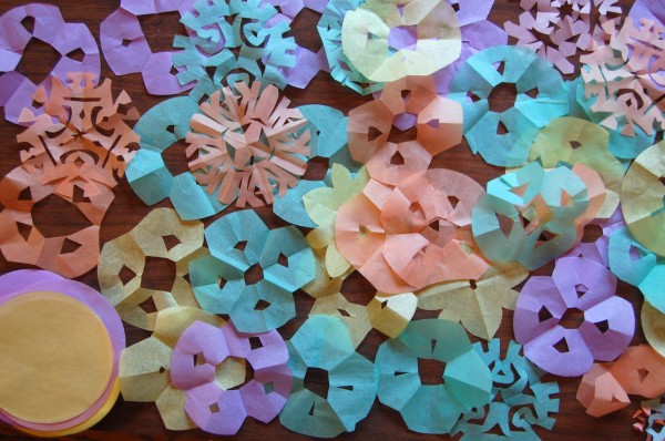 tissue paper snowflakes with 3 year old