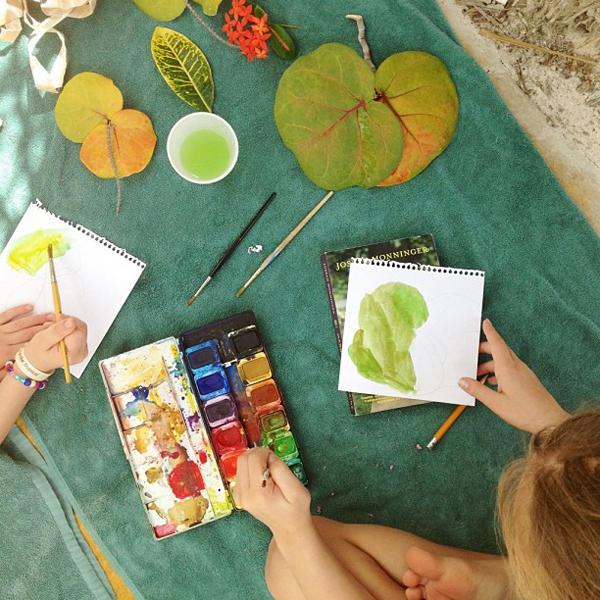 Painting Leaves Outdoors with Kids