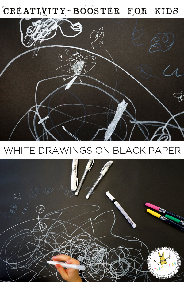 White marker on black paper creativity prompt | TinkerLab.com