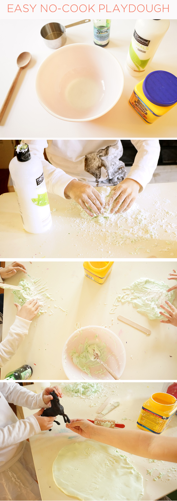 This Easy No Cook Playdough is made with hair conditioner and corn starch (aka corn flour). It comes together quickly and encourages imaginative play - awesome stuff! |TinkerLab.com