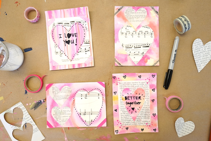 Make Collage Hearts on watercolor paper in four sections - TinkerLab