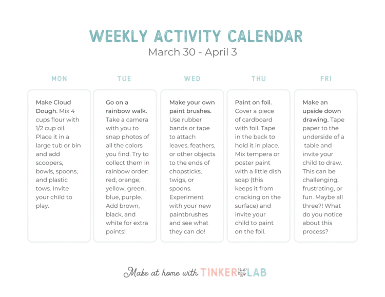 Weekly Activity Calendar (Download) - TinkerLab